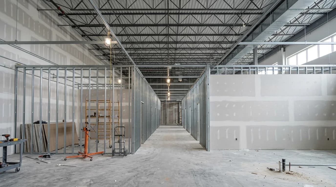 Commercial interior with drywall and metal framing installation