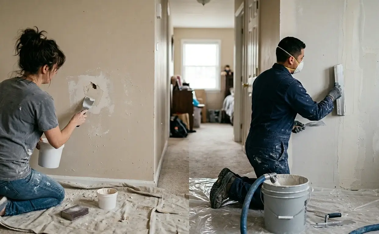 Professional drywall surface repair in progress
